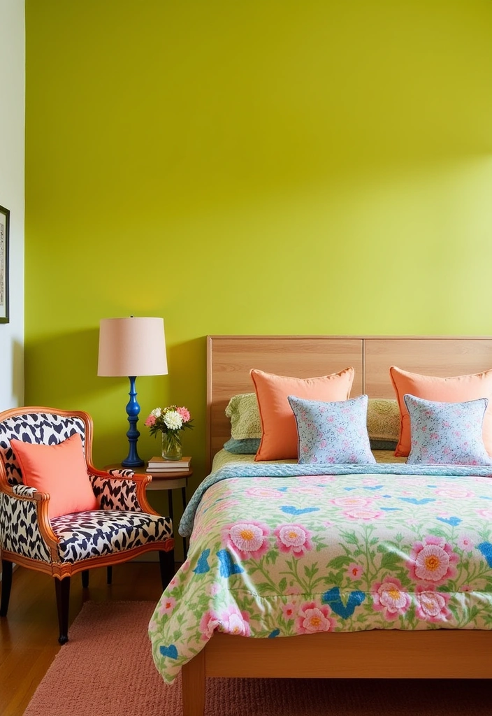 Transform Your Space: 19 Luxe Green Bedroom Paint Ideas with Stylish Furniture and Accents! - 12. Retro Chartreuse Charm
