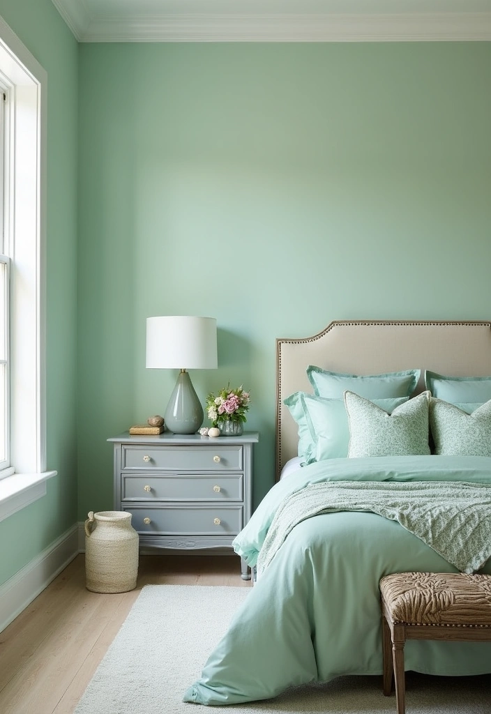 Transform Your Space: 19 Luxe Green Bedroom Paint Ideas with Stylish Furniture and Accents! - 13. Classic Mint and Gray