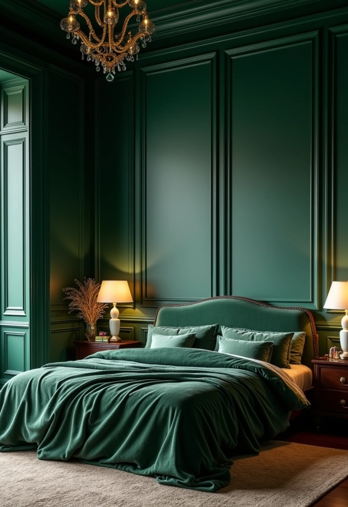 Transform Your Space: 19 Luxe Green Bedroom Paint Ideas with Stylish Furniture and Accents! - 14. Glistening Jade Retreat
