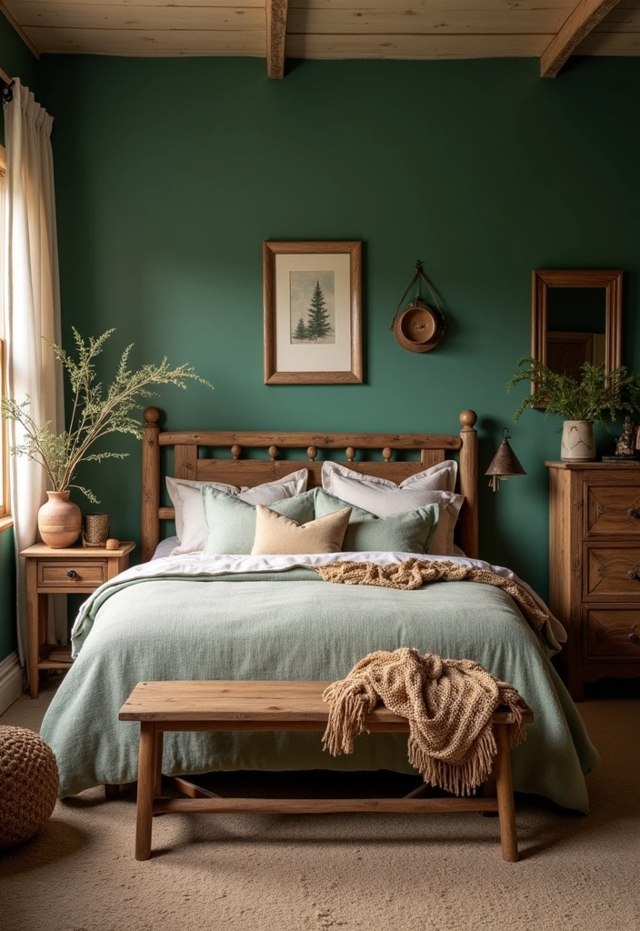 Transform Your Space: 19 Luxe Green Bedroom Paint Ideas with Stylish Furniture and Accents! - 15. Warm Pine Green Haven