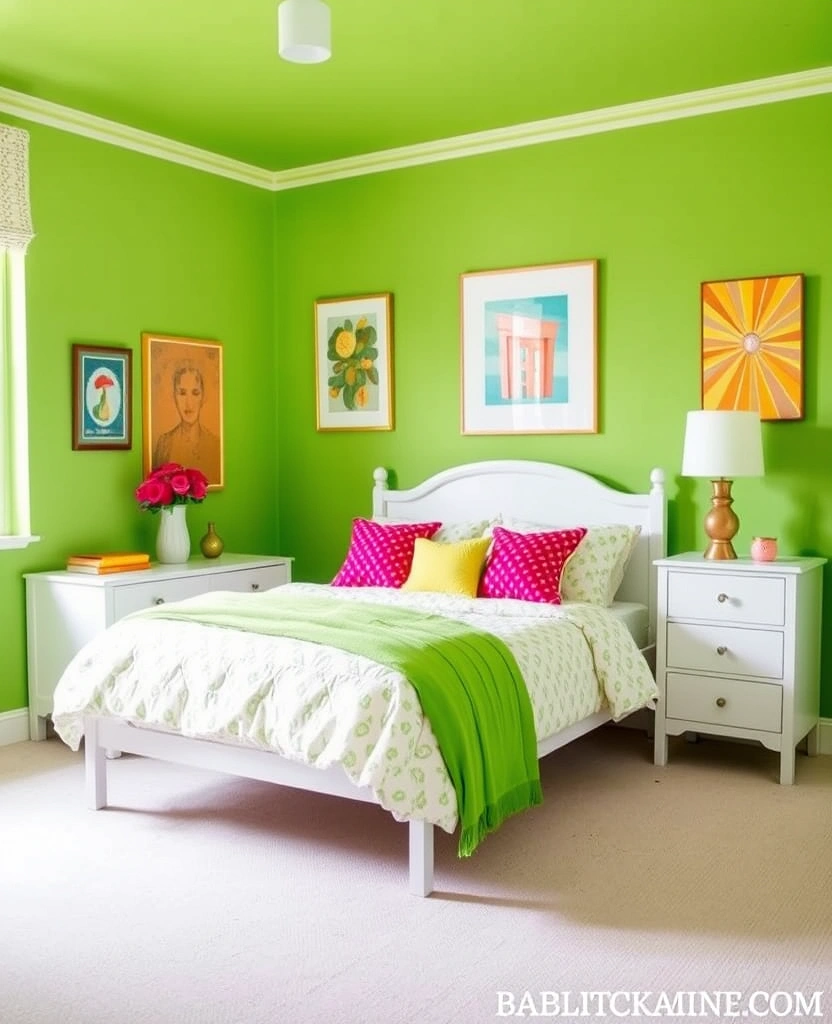Transform Your Space: 19 Luxe Green Bedroom Paint Ideas with Stylish Furniture and Accents! - 17. Radiant Apple Green Escape