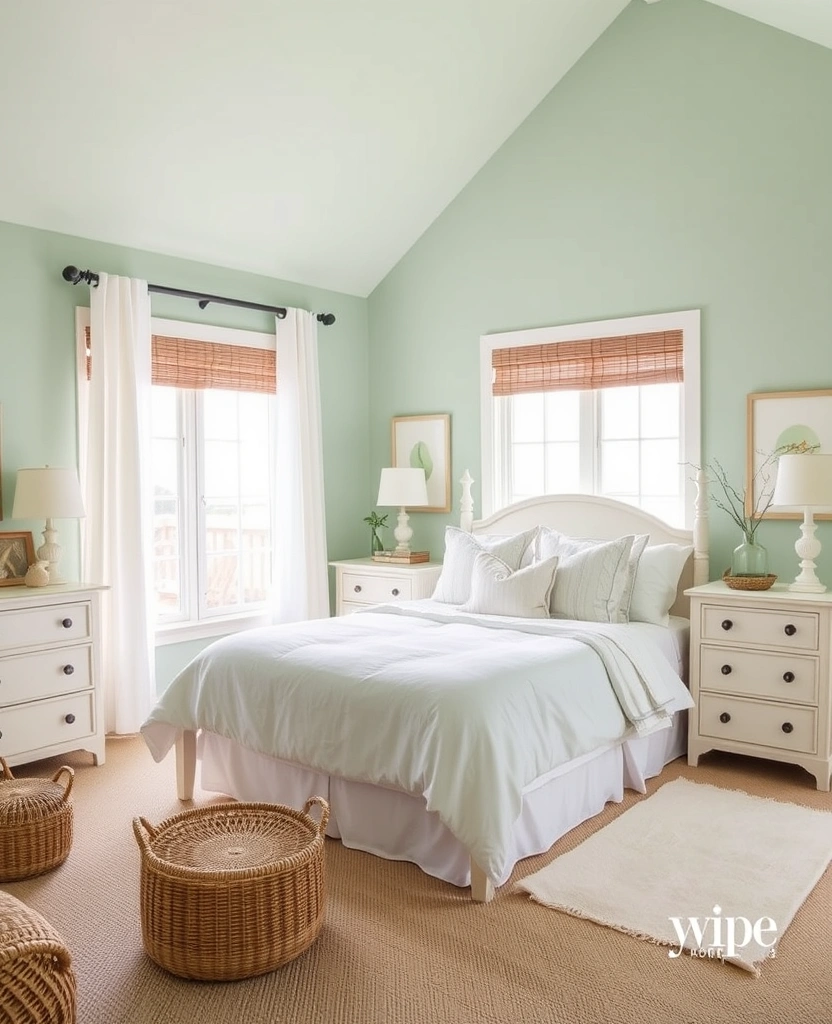 Transform Your Space: 19 Luxe Green Bedroom Paint Ideas with Stylish Furniture and Accents! - 18. Tranquil Seafoam Retreat