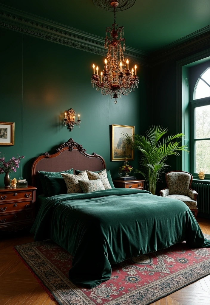 Transform Your Space: 19 Luxe Green Bedroom Paint Ideas with Stylish Furniture and Accents! - 2. Bold Forest Green Elegance