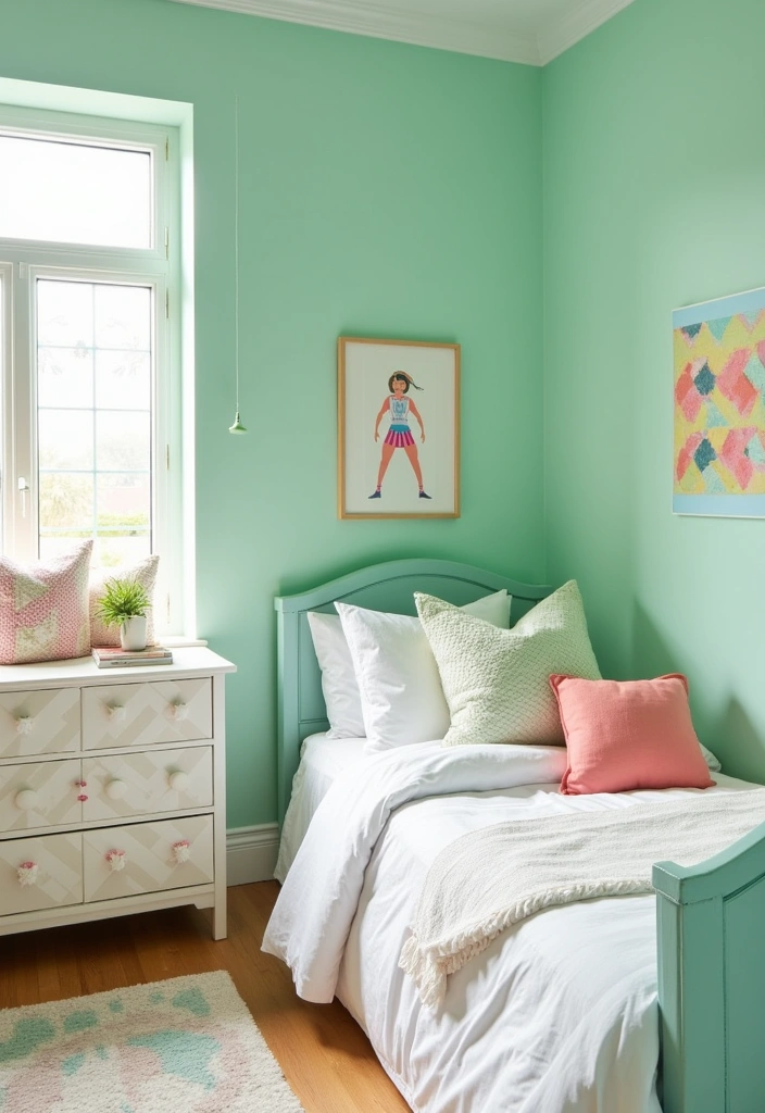 Transform Your Space: 19 Luxe Green Bedroom Paint Ideas with Stylish Furniture and Accents! - 3. Soft Mint Dreamscape