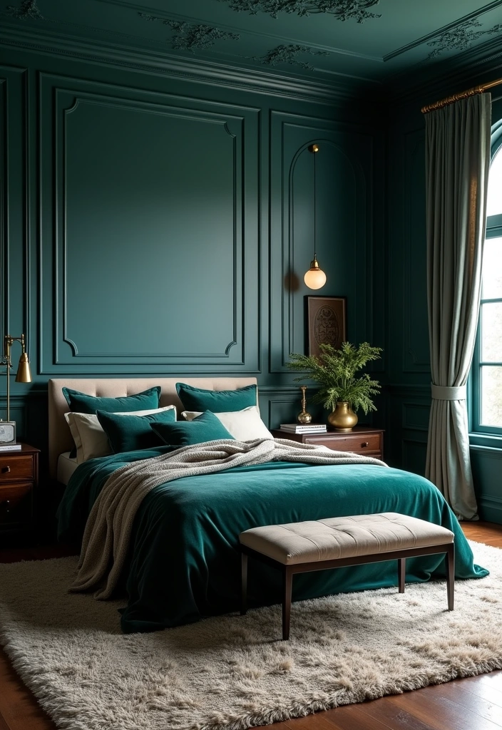Transform Your Space: 19 Luxe Green Bedroom Paint Ideas with Stylish Furniture and Accents! - 6. Deep Teal Tranquility