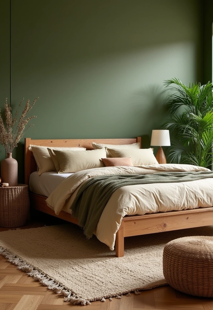 Transform Your Space: 19 Luxe Green Bedroom Paint Ideas with Stylish Furniture and Accents! - 7. Earthy Moss Green