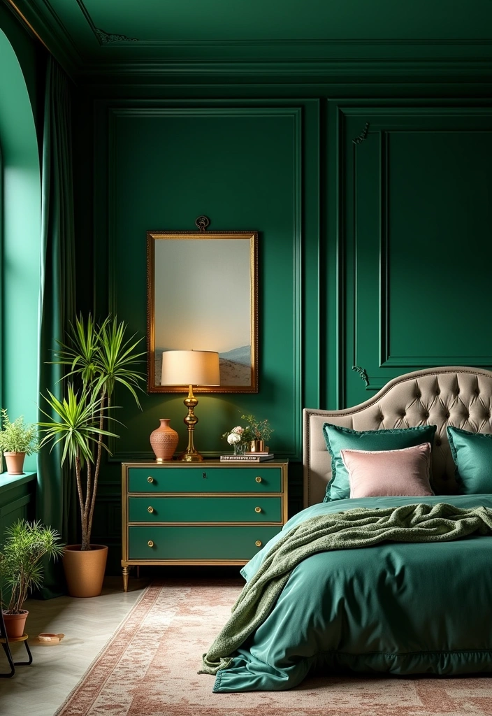 Transform Your Space: 19 Luxe Green Bedroom Paint Ideas with Stylish Furniture and Accents! - 8. Elegant Emerald Escape