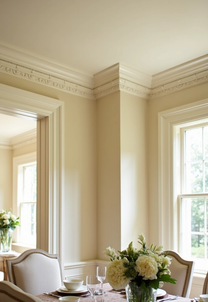 21 Elegant Paintable Wall Trim Ideas for Large Dining Rooms: Use Warm Beige and Cream! - 1. Classic Crown Molding