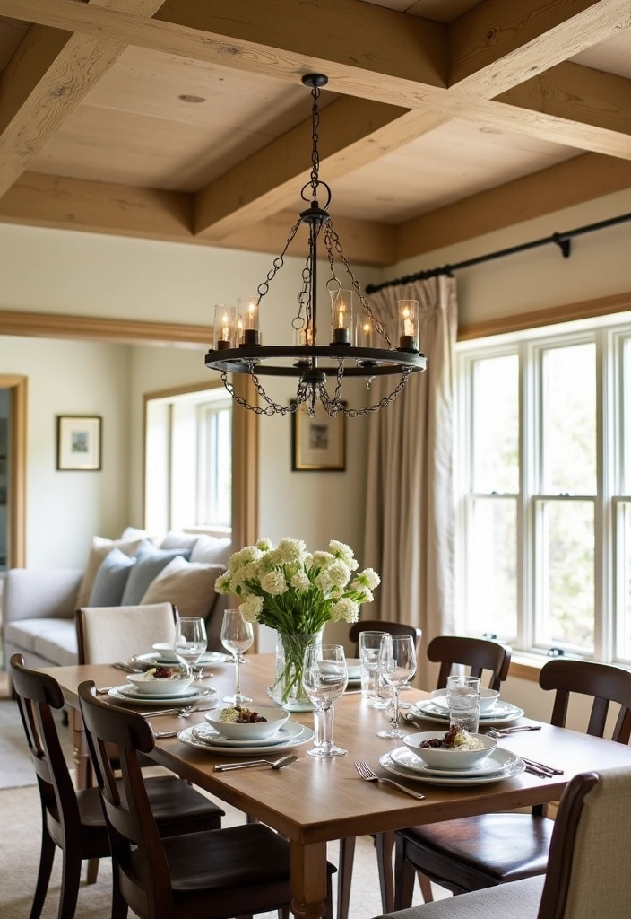 21 Elegant Paintable Wall Trim Ideas for Large Dining Rooms: Use Warm Beige and Cream! - 14. Rustic Beam Accents