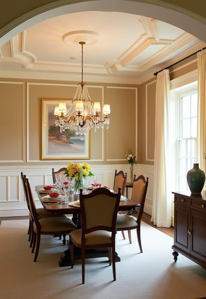 21 Elegant Paintable Wall Trim Ideas for Large Dining Rooms: Use Warm Beige and Cream! - 2. Wainscoting Charm