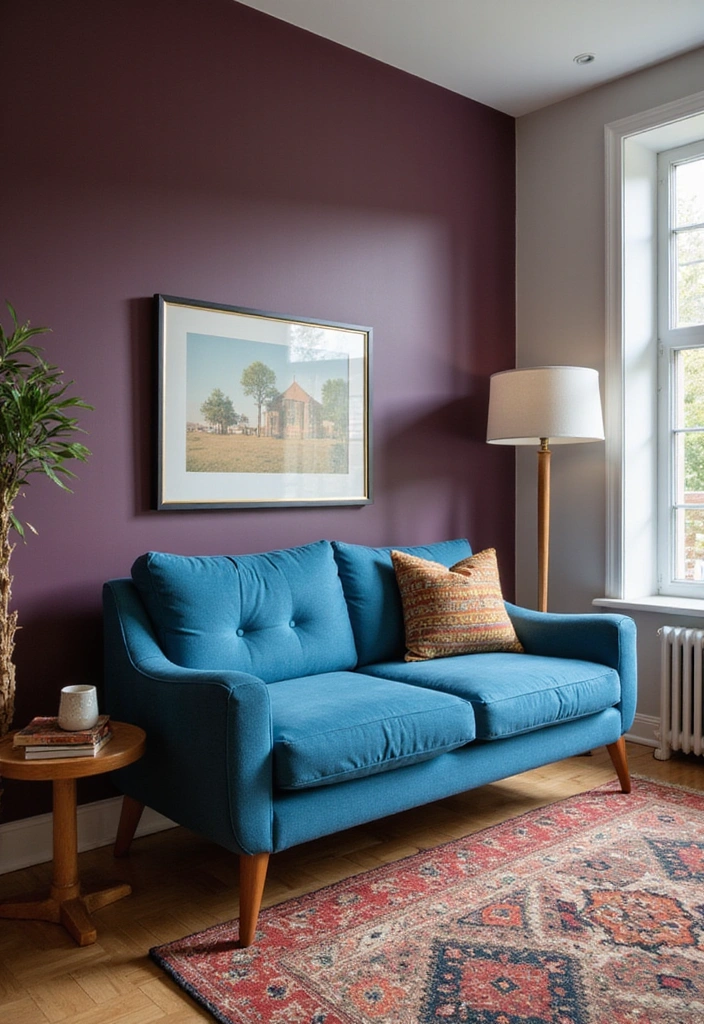 15 Elegant Blue Couch Living Room Ideas Featuring Dark Plum Walls for a Dramatic Flair! - 10. Mid-Century Modern Flair