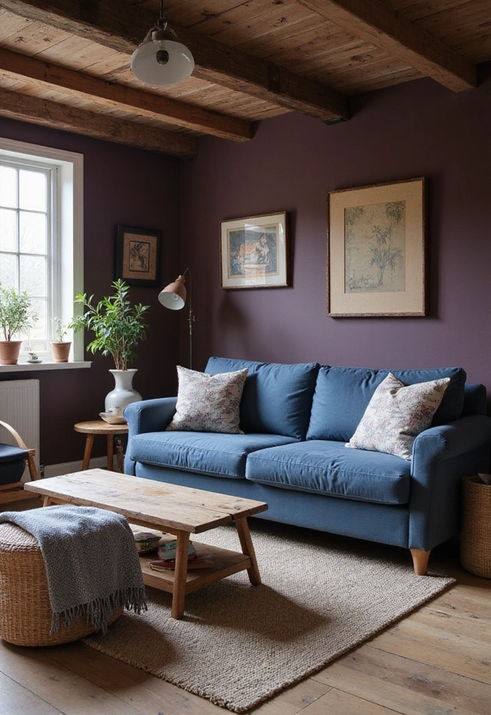 15 Elegant Blue Couch Living Room Ideas Featuring Dark Plum Walls for a Dramatic Flair! - 11. Farmhouse Elegance