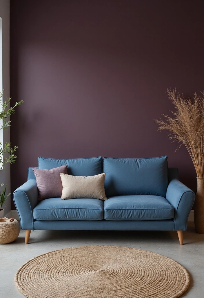 15 Elegant Blue Couch Living Room Ideas Featuring Dark Plum Walls for a Dramatic Flair! - 12. Zen Retreat