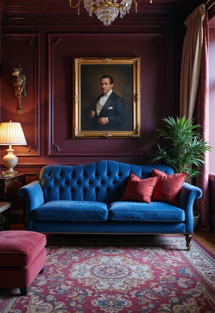15 Elegant Blue Couch Living Room Ideas Featuring Dark Plum Walls for a Dramatic Flair! - 13. Royal Elegance