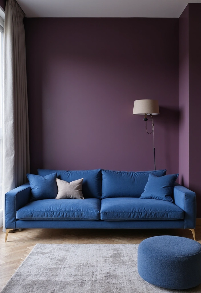 15 Elegant Blue Couch Living Room Ideas Featuring Dark Plum Walls for a Dramatic Flair! - 14. Chic Contemporary