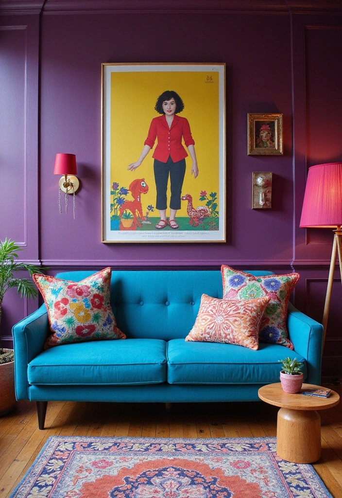 15 Elegant Blue Couch Living Room Ideas Featuring Dark Plum Walls for a Dramatic Flair! - 15. Colorful Fusion