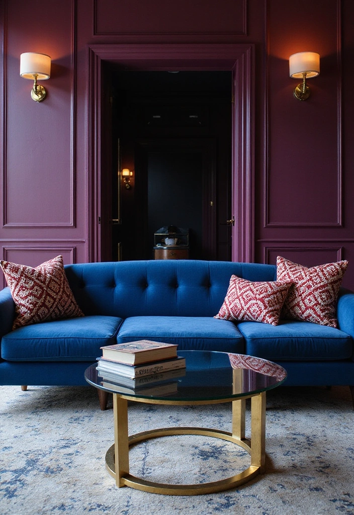 15 Elegant Blue Couch Living Room Ideas Featuring Dark Plum Walls for a Dramatic Flair! - 2. Modern Glam Oasis