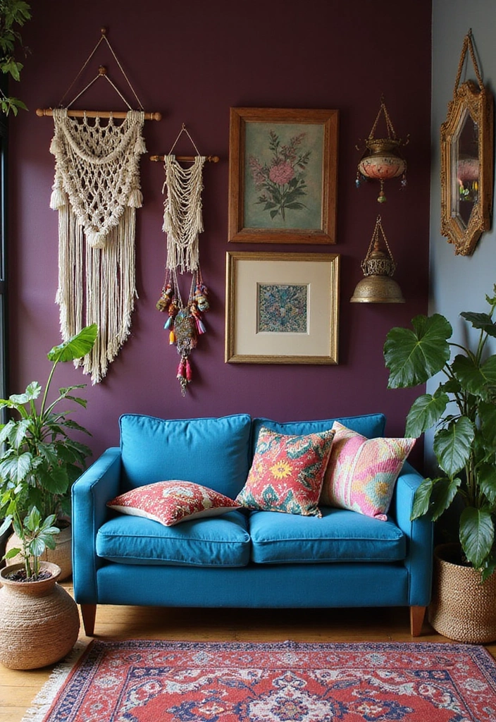 15 Elegant Blue Couch Living Room Ideas Featuring Dark Plum Walls for a Dramatic Flair! - 3. Eclectic Bohemian Vibes