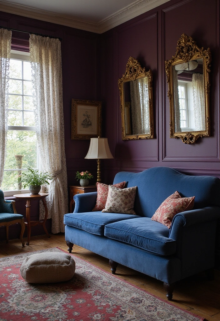 15 Elegant Blue Couch Living Room Ideas Featuring Dark Plum Walls for a Dramatic Flair! - 5. Vintage Charm