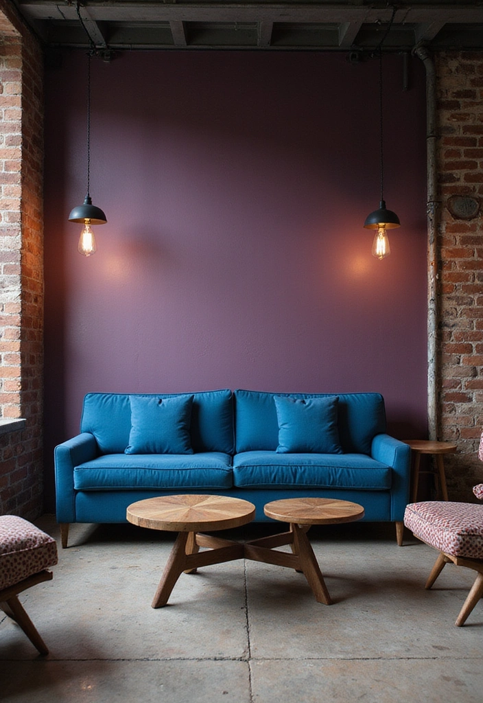 15 Elegant Blue Couch Living Room Ideas Featuring Dark Plum Walls for a Dramatic Flair! - 6. Industrial Edge