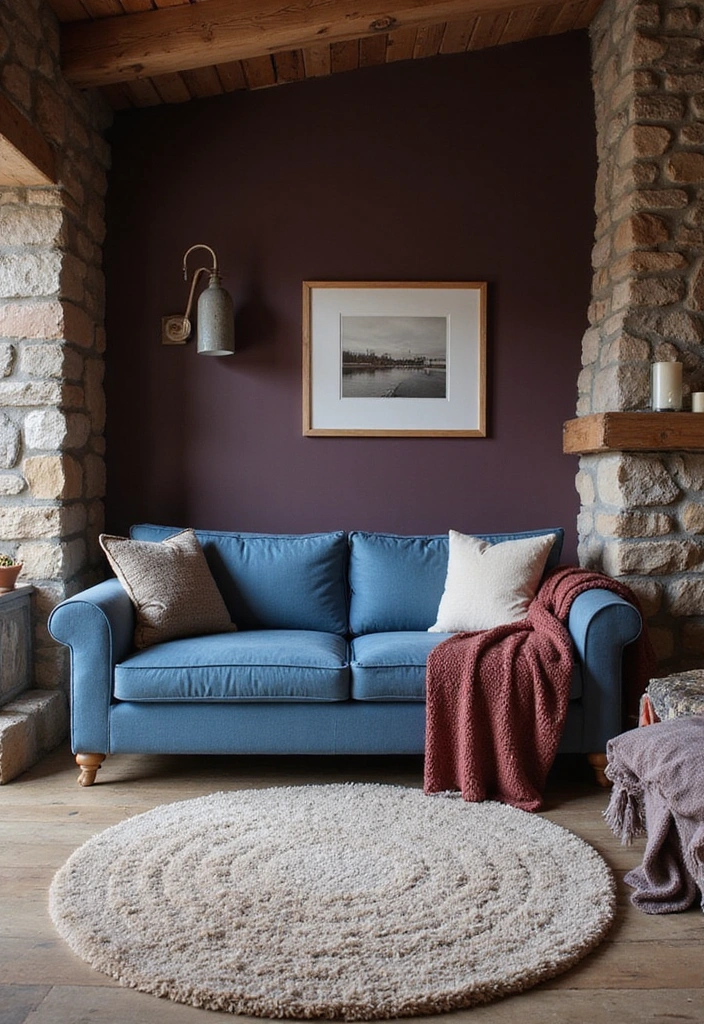 15 Elegant Blue Couch Living Room Ideas Featuring Dark Plum Walls for a Dramatic Flair! - 7. Rustic Cozy Retreat