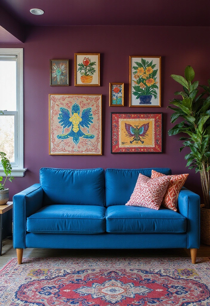 15 Elegant Blue Couch Living Room Ideas Featuring Dark Plum Walls for a Dramatic Flair! - 8. Artistic Expression