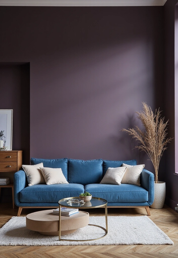 15 Elegant Blue Couch Living Room Ideas Featuring Dark Plum Walls for a Dramatic Flair! - 9. Sophisticated Neutral Balance
