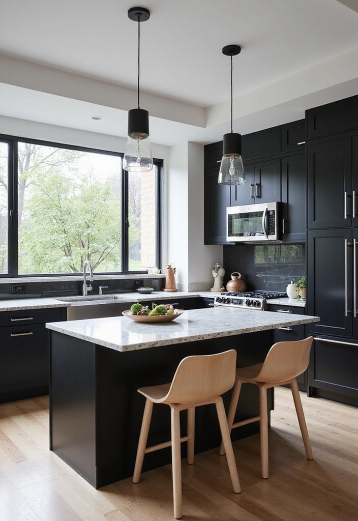 18 Striking Black Kitchen Cabinets with Granite Tops Paired with Stylish Bar Stools! - 1. Bold Contrast with White Granite