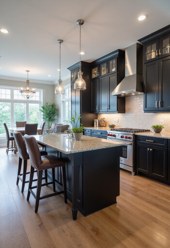 18 Striking Black Kitchen Cabinets with Granite Tops Paired with Stylish Bar Stools! - 10. Open Concept with Black Island