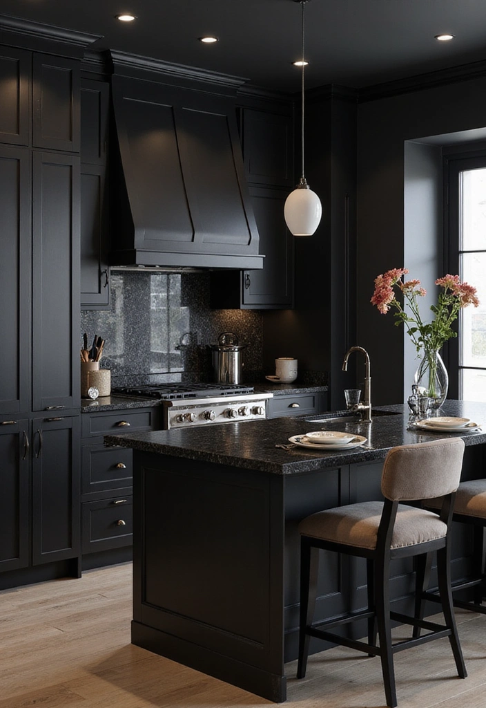 18 Striking Black Kitchen Cabinets with Granite Tops Paired with Stylish Bar Stools! - 11. Monochromatic Magic