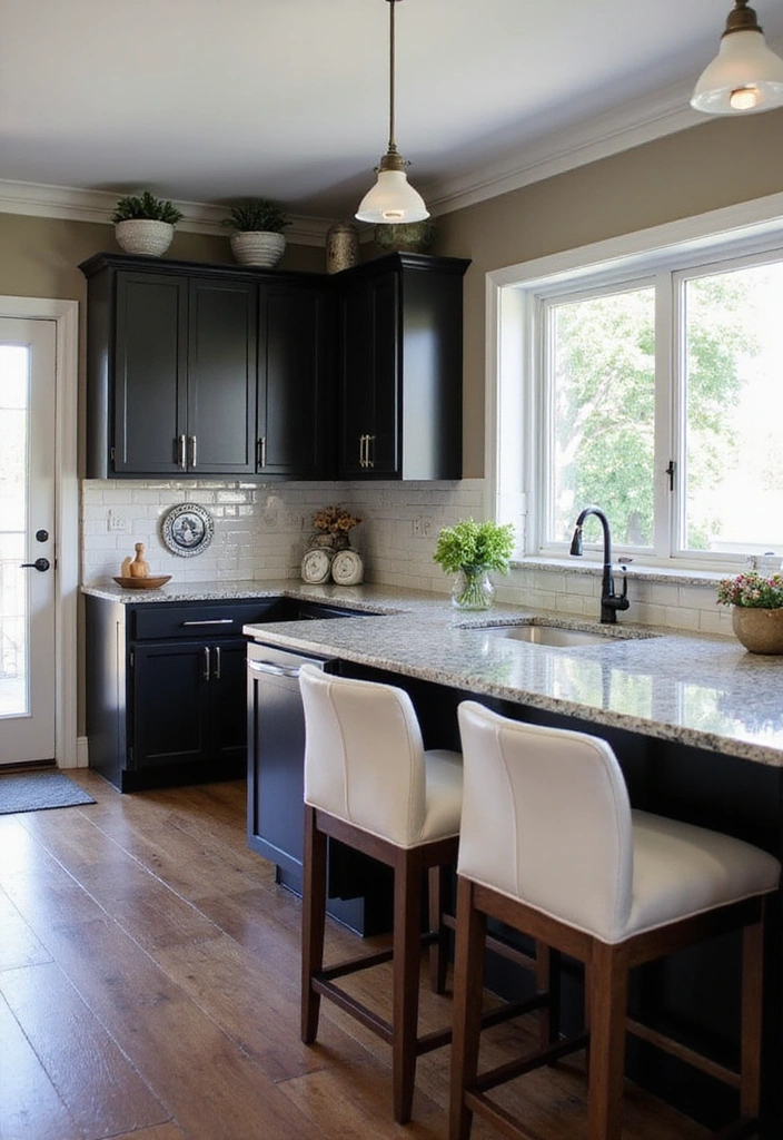 18 Striking Black Kitchen Cabinets with Granite Tops Paired with Stylish Bar Stools! - 12. Bright Accents with Black and White