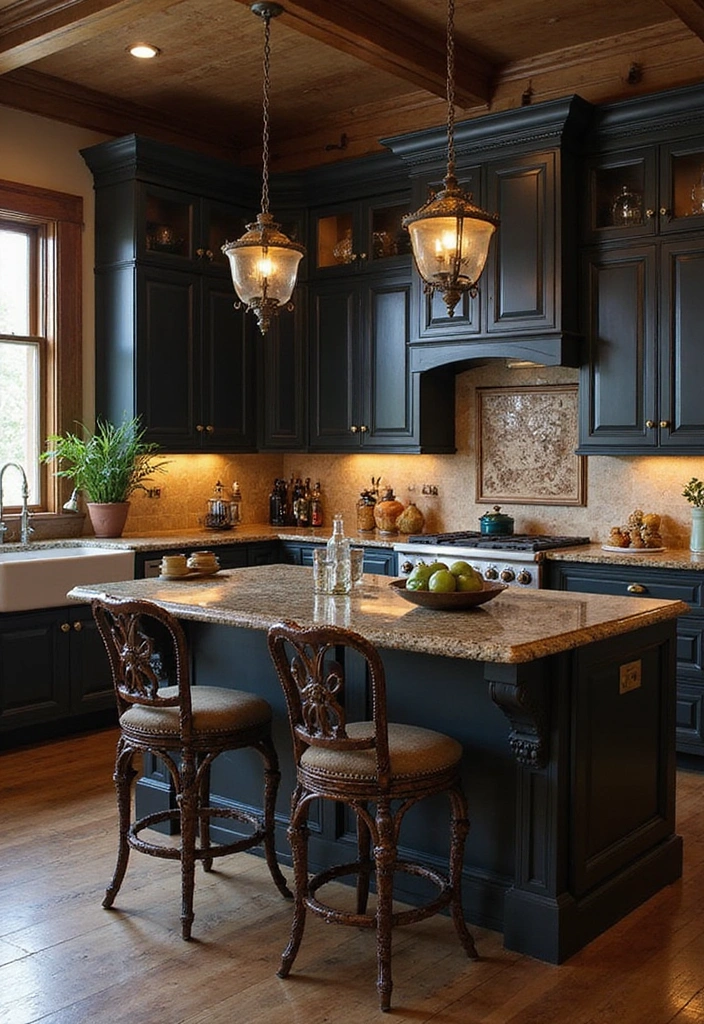 18 Striking Black Kitchen Cabinets with Granite Tops Paired with Stylish Bar Stools! - 13. Vintage Elegance with Antique Finishes