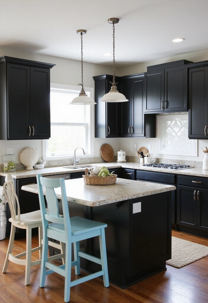 18 Striking Black Kitchen Cabinets with Granite Tops Paired with Stylish Bar Stools! - 14. Coastal Vibes with Light Accents