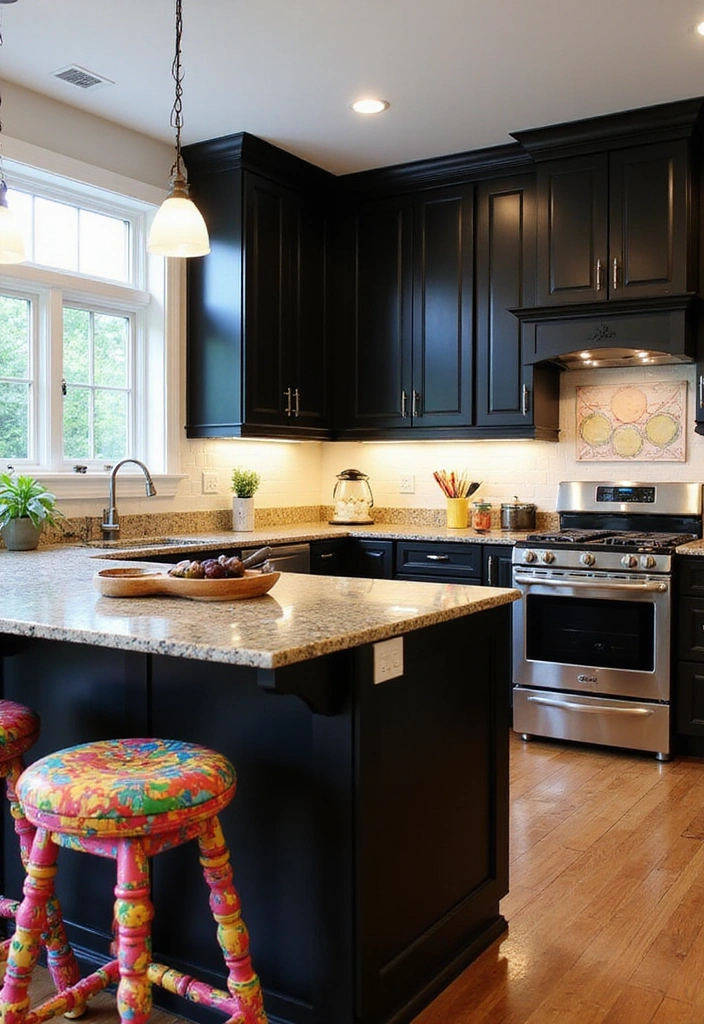 18 Striking Black Kitchen Cabinets with Granite Tops Paired with Stylish Bar Stools! - 15. Artistic Touch with Unique Bar Stools