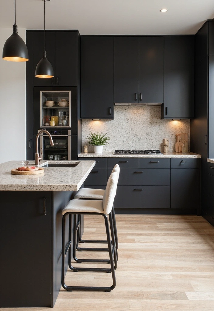 18 Striking Black Kitchen Cabinets with Granite Tops Paired with Stylish Bar Stools! - 16. Zen Minimalism with Natural Elements