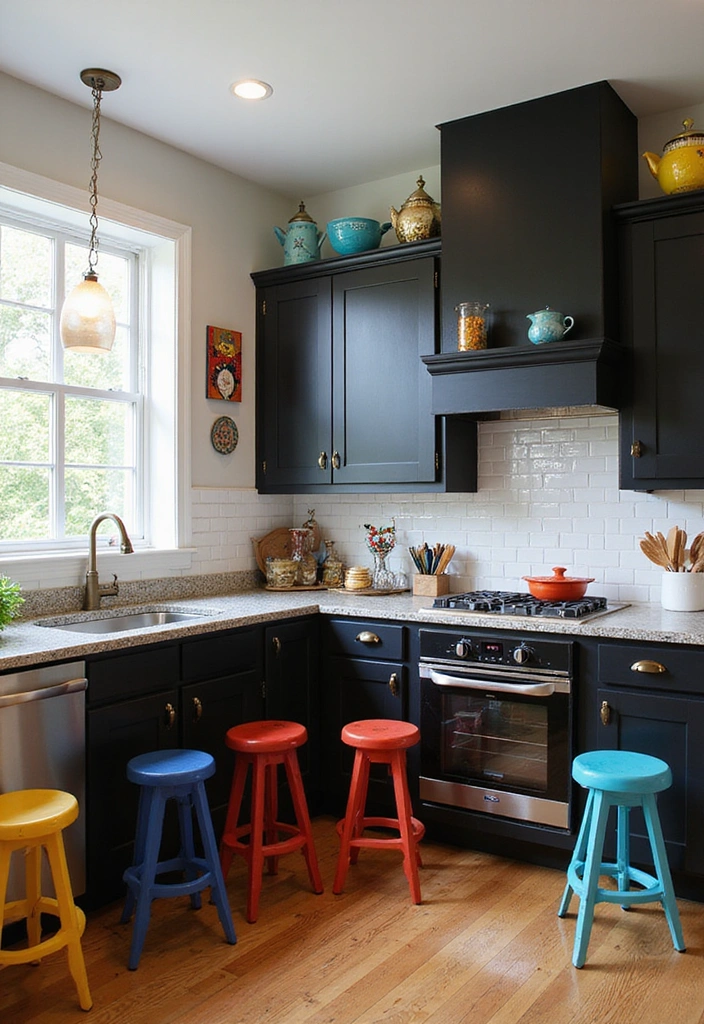 18 Striking Black Kitchen Cabinets with Granite Tops Paired with Stylish Bar Stools! - 17. Bright and Bold with Colorful Accents