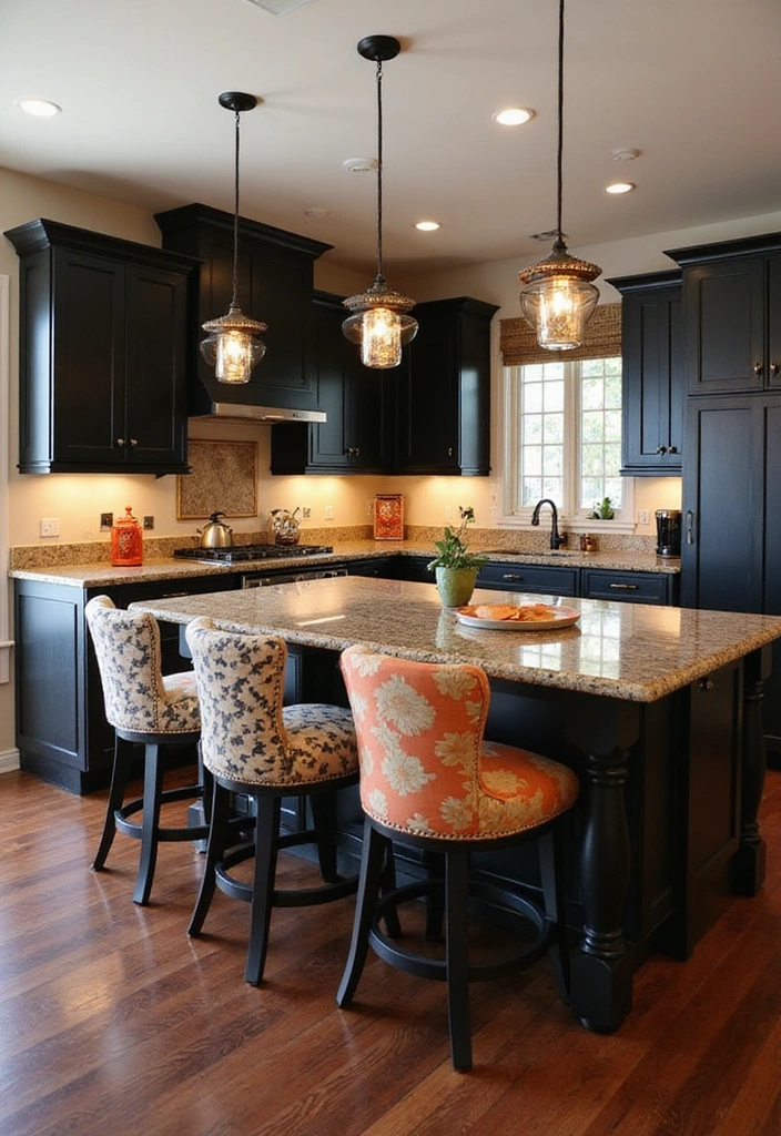 18 Striking Black Kitchen Cabinets with Granite Tops Paired with Stylish Bar Stools! - 18. Personalized Touch with Custom Bar Stools