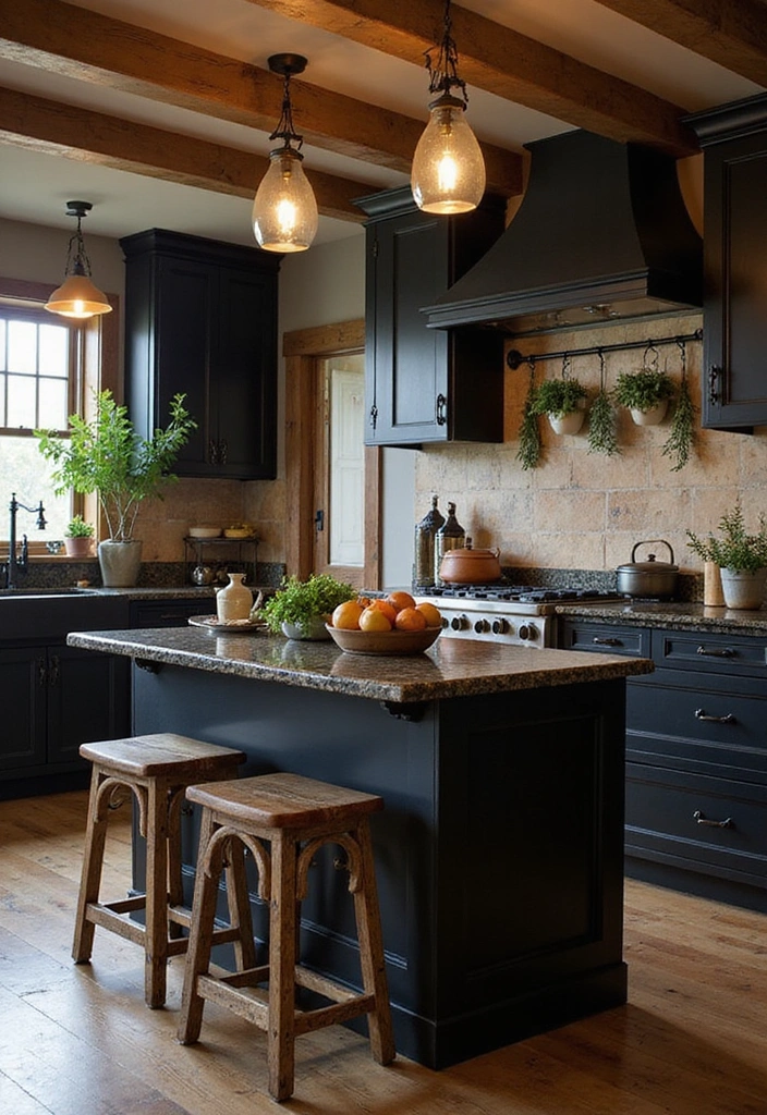 18 Striking Black Kitchen Cabinets with Granite Tops Paired with Stylish Bar Stools! - 2. Rustic Charm with Dark Granite