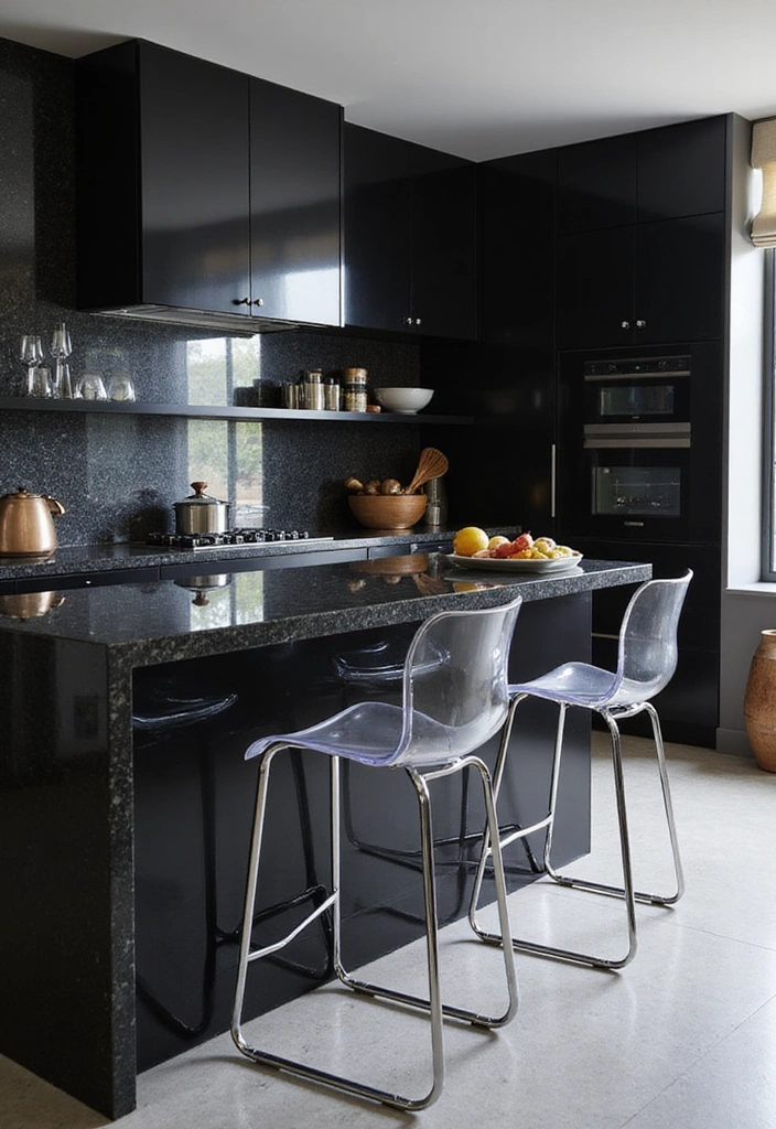 18 Striking Black Kitchen Cabinets with Granite Tops Paired with Stylish Bar Stools! - 3. Sleek Minimalism with Polished Granite
