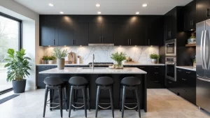 18 Striking Black Kitchen Cabinets with Granite Tops Paired with Stylish Bar Stools!