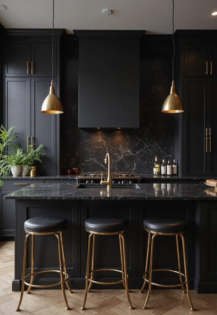 18 Striking Black Kitchen Cabinets with Granite Tops Paired with Stylish Bar Stools! - 4. Elegant Gold Accents