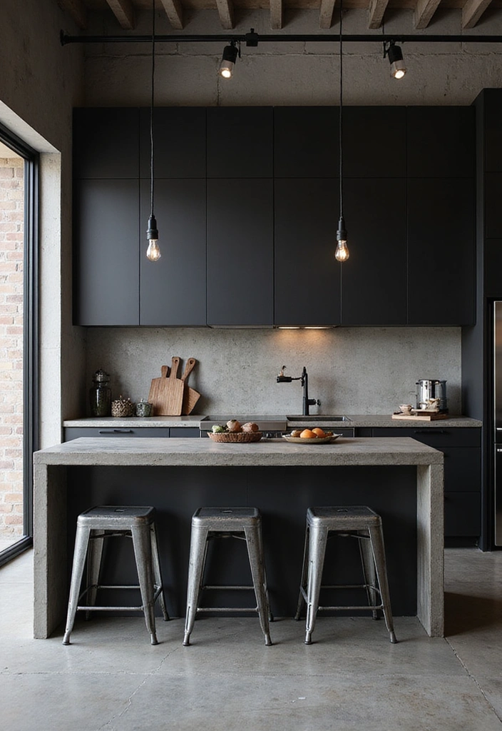 18 Striking Black Kitchen Cabinets with Granite Tops Paired with Stylish Bar Stools! - 5. Industrial Style with Concrete Countertops