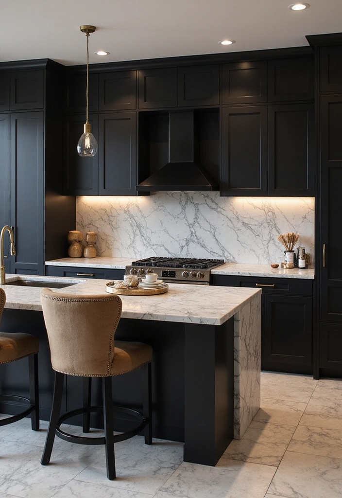 18 Striking Black Kitchen Cabinets with Granite Tops Paired with Stylish Bar Stools! - 6. Timeless Elegance with Marble