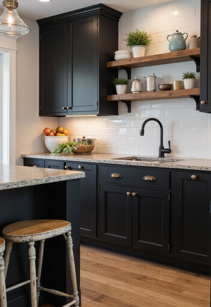 18 Striking Black Kitchen Cabinets with Granite Tops Paired with Stylish Bar Stools! - 7. Farmhouse Chic with Granite Tops