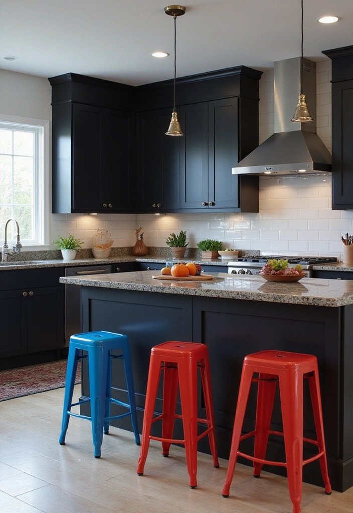 18 Striking Black Kitchen Cabinets with Granite Tops Paired with Stylish Bar Stools! - 8. Contemporary Vibes with Colorful Stools