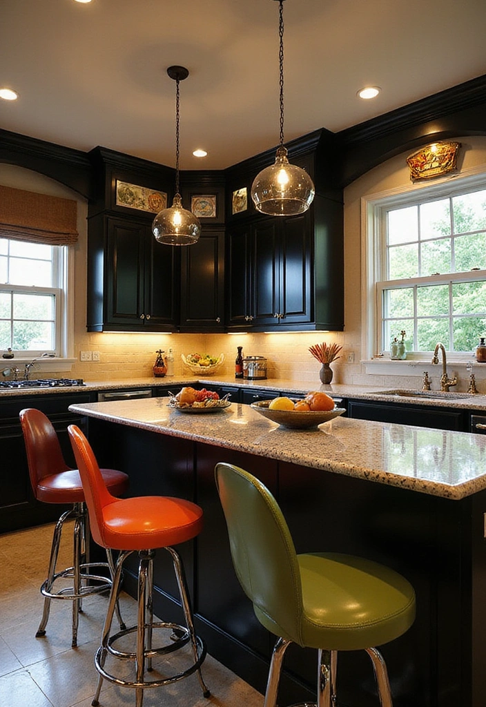 18 Striking Black Kitchen Cabinets with Granite Tops Paired with Stylish Bar Stools! - 9. Vintage Flair with Retro Bar Stools
