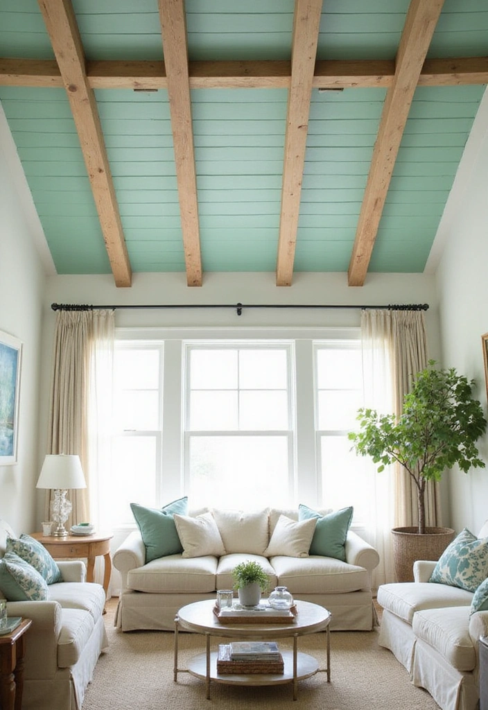 19 Coastal-Inspired Painted Wood Ceiling Ideas for a Relaxing Vibe! - 1. Soft Seafoam Green