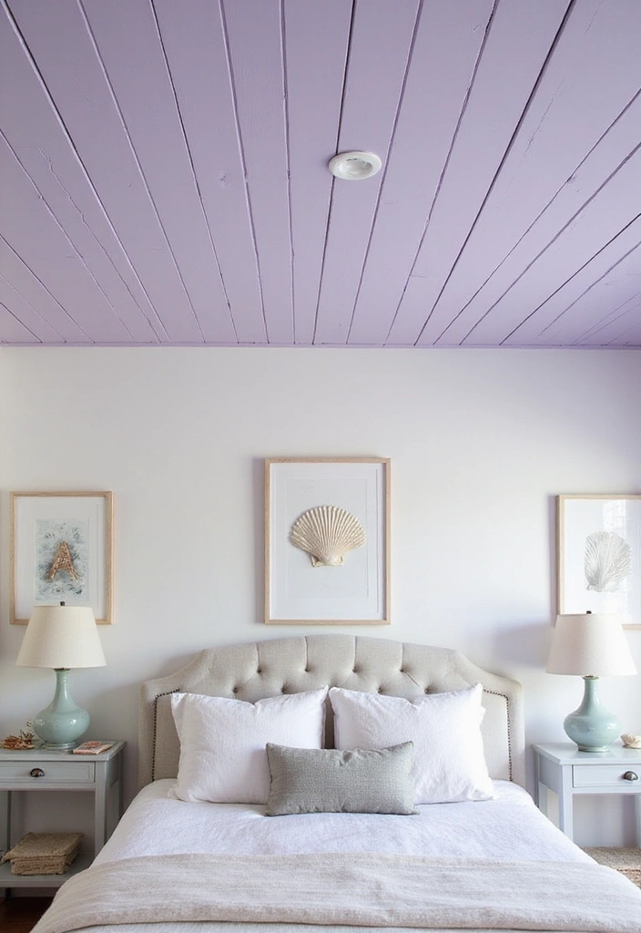 19 Coastal-Inspired Painted Wood Ceiling Ideas for a Relaxing Vibe! - 10. Soft Lavender Hues