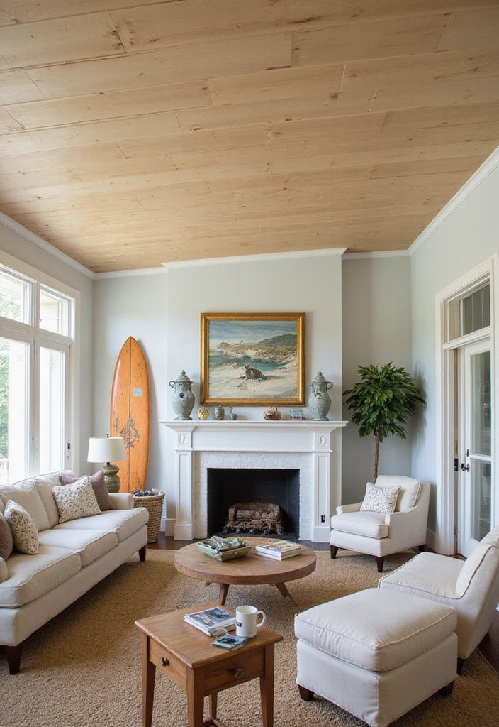 19 Coastal-Inspired Painted Wood Ceiling Ideas for a Relaxing Vibe! - 11. Vintage Beach Vibes