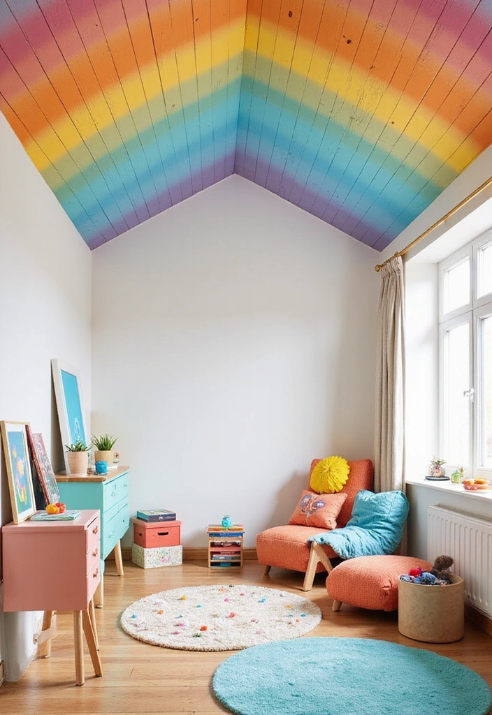 19 Coastal-Inspired Painted Wood Ceiling Ideas for a Relaxing Vibe! - 13. Pastel Rainbow